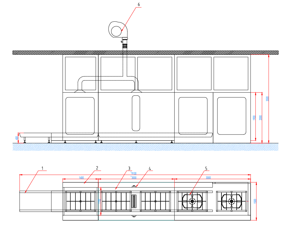 Elevation and plan of a pass-through disinfection line with overall dimensions marked