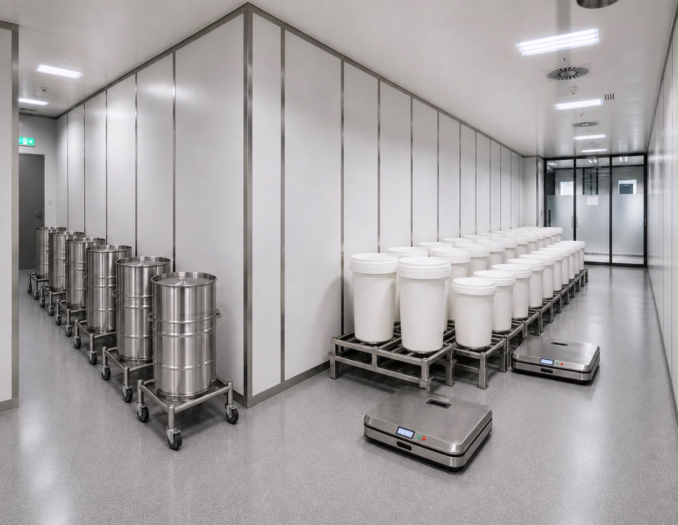 Stainless vessels on wheeled carriers beside palletised containers in a clean corridor