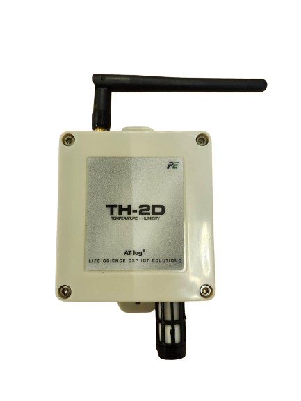 ATlog TH-2D temperature and humidity transmitter with a whip antenna and a probe at the base